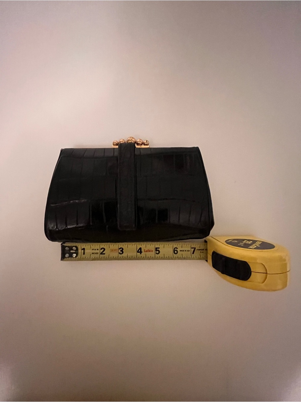 Black Croc-Embossed Leather Clutch with Gold-Tone Kiss Lock